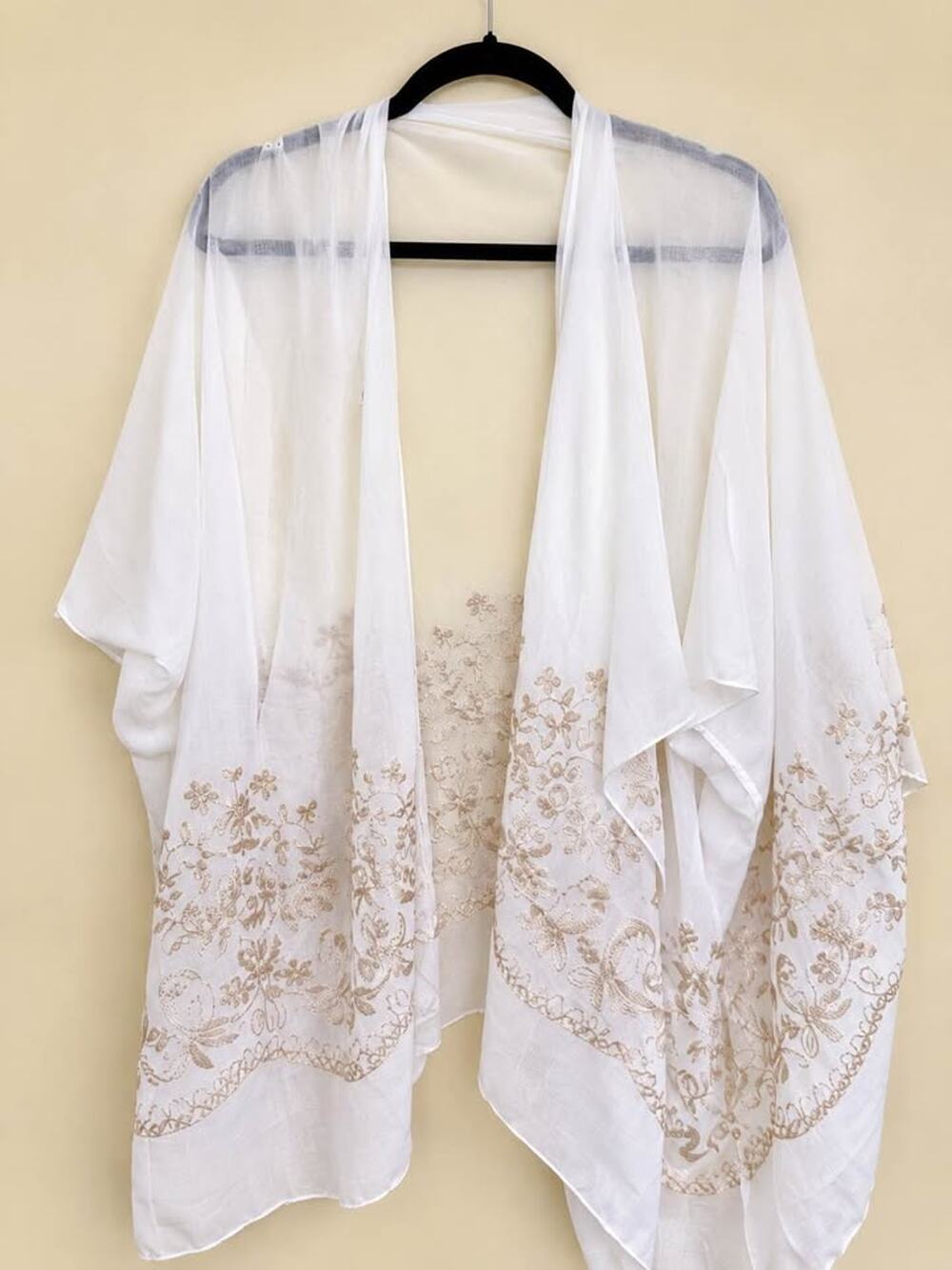 Women’s White Sheer Embroidered Floral Kimono Open Front Wrap (as55)